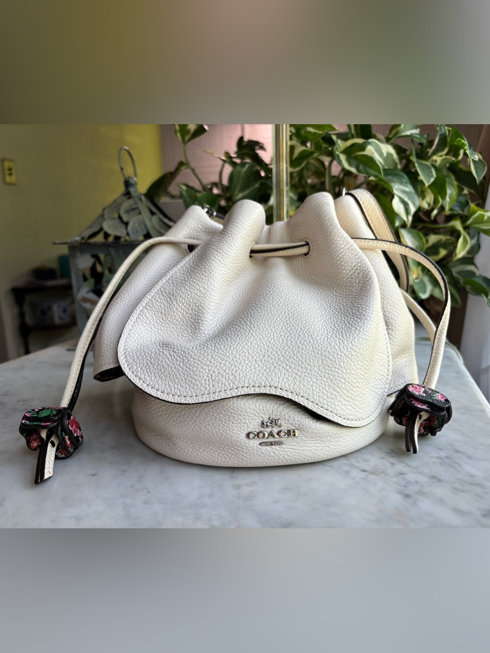 Coach White Pebbled Leather Drawstring Petal Shoulder Bag with Floral Tassels
